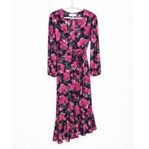 WAYF Floral Wrap Dress Large Pink Black Romantic Boho Midi Long Sleeve